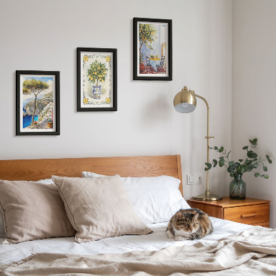Conjunto de 3 quadros decorativos Vista para o mar com limoeiros.