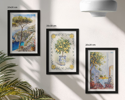 Conjunto de 3 quadros decorativos Vista para o mar com limoeiros.