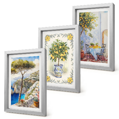 Conjunto de 3 quadros decorativos Vista para o mar com limoeiros.