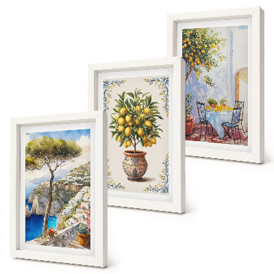 Conjunto de molduras com imagens Vista para o mar com limoeiro e mesa de jardim.