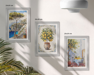 Conjunto de molduras com imagens Vista para o mar com limoeiro e mesa de jardim.