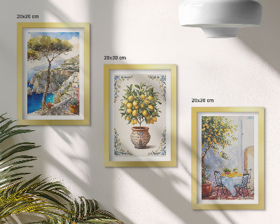 Conjunto de molduras com imagens Vista para o mar com limoeiro e mesa de jardim.