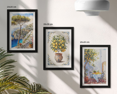 Conjunto de molduras com imagens Vista para o mar com limoeiro e mesa de jardim.