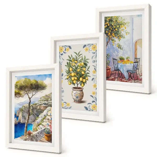 Conjunto de 3 quadros decorativos vista para o mar com limoeiros estilo pintura italiana