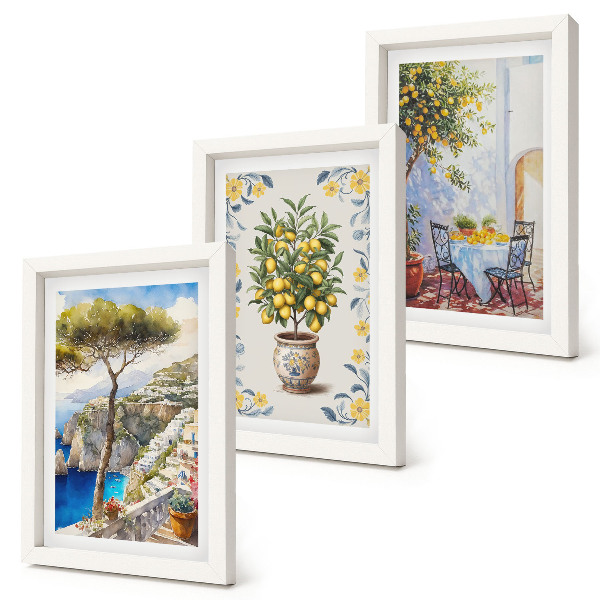 Conjunto de 3 quadros decorativos Vista para o mar com limoeiros, pinturas italianas.