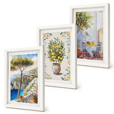 Conjunto de 3 quadros decorativos vista para o mar com limoeiros estilo pintura italiana