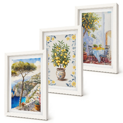 Conjunto de 3 quadros decorativos Vista para o mar com limoeiros, pinturas italianas.