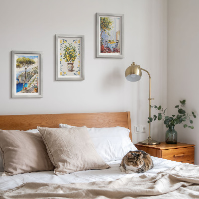 Conjunto de 3 quadros decorativos Vista para o mar com limoeiros, pinturas italianas.