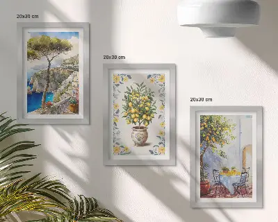 Conjunto de 3 quadros decorativos vista para o mar com limoeiros estilo pintura italiana