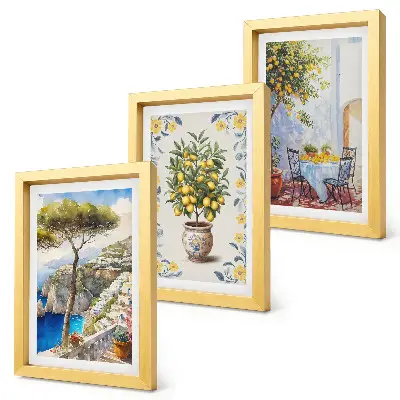 Conjunto de 3 quadros decorativos vista para o mar com limoeiros estilo pintura italiana