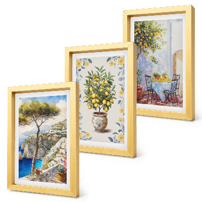 Conjunto de 3 quadros decorativos Vista para o mar com limoeiros, pinturas italianas.