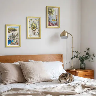 Conjunto de 3 quadros decorativos vista para o mar com limoeiros estilo pintura italiana