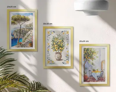 Conjunto de 3 quadros decorativos vista para o mar com limoeiros estilo pintura italiana