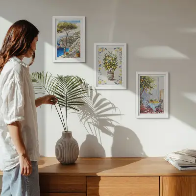 Conjunto de 3 quadros decorativos vista para o mar com limoeiros estilo pintura italiana