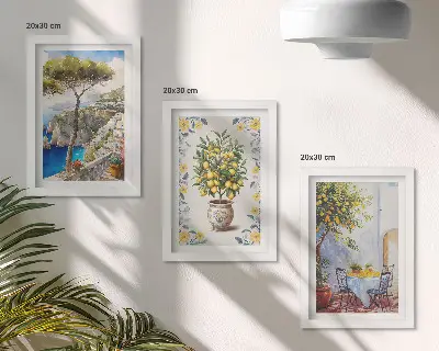 Conjunto de 3 quadros decorativos vista para o mar com limoeiros estilo pintura italiana