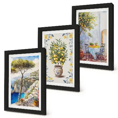 Conjunto de 3 quadros decorativos vista para o mar com limoeiros estilo pintura italiana