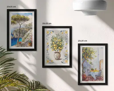 Conjunto de 3 quadros decorativos vista para o mar com limoeiros estilo pintura italiana