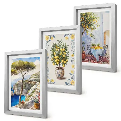 Conjunto de 3 quadros decorativos vista para o mar com limoeiros estilo pintura italiana