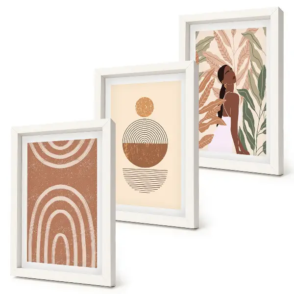 Conjunto de 3 quadros decorativos com estampas elegantes de plantas e formas geométricas