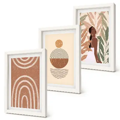 Conjunto de 3 quadros decorativos com estampas elegantes de plantas e formas geométricas