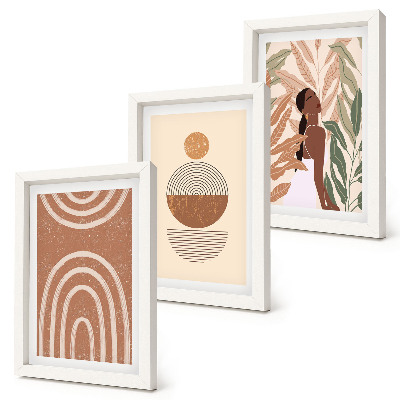 Conjunto de 3 quadros decorativos Estampas elegantes com motivos de plantas e formas geométricas.