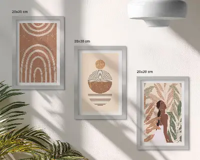 Conjunto de 3 quadros decorativos com estampas elegantes de plantas e formas geométricas