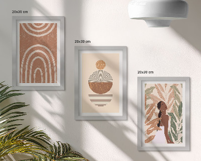 Conjunto de 3 quadros decorativos Estampas elegantes com motivos de plantas e formas geométricas.
