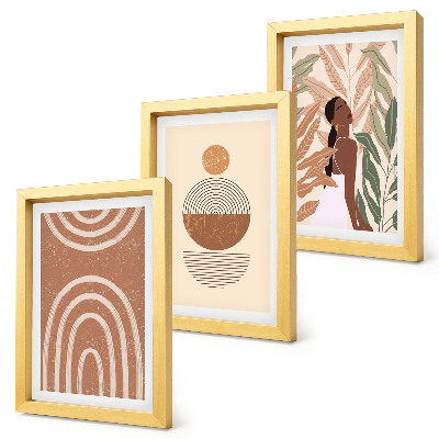 Conjunto de 3 quadros decorativos Estampas elegantes com motivos de plantas e formas geométricas.