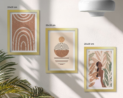 Conjunto de 3 quadros decorativos Estampas elegantes com motivos de plantas e formas geométricas.