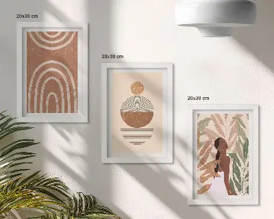 Conjunto de 3 quadros decorativos com estampas elegantes de plantas e formas geométricas
