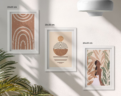 Conjunto de 3 quadros decorativos Estampas elegantes com motivos de plantas e formas geométricas.