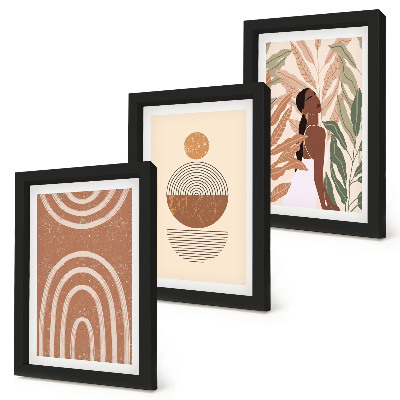 Conjunto de 3 quadros decorativos Estampas elegantes com motivos de plantas e formas geométricas.