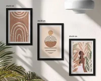 Conjunto de 3 quadros decorativos com estampas elegantes de plantas e formas geométricas