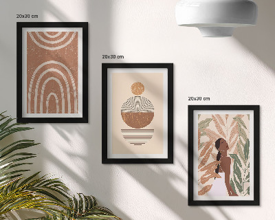 Conjunto de 3 quadros decorativos Estampas elegantes com motivos de plantas e formas geométricas.