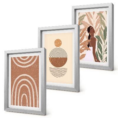 Conjunto de 3 quadros decorativos Estampas elegantes com motivos de plantas e formas geométricas.