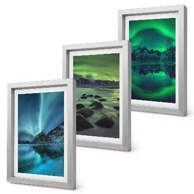 Conjunto de molduras com imagens Paisagem de inverno com aurora boreal e montanhas