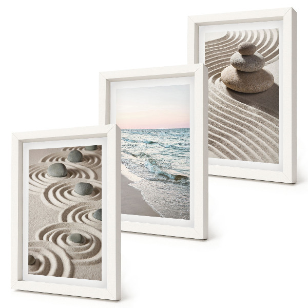 Conjunto de 3 quadros decorativos Ondas calmas de areia e água com pedras na praia
