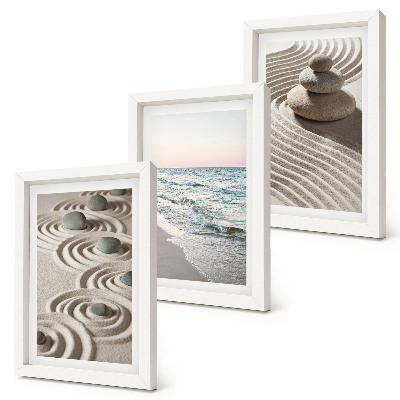 Conjunto de 3 quadros decorativos Ondas calmas de areia e água com pedras na praia