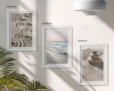 Conjunto de 3 quadros decorativos Ondas calmas de areia e água com pedras na praia