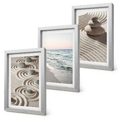 Conjunto de 3 quadros decorativos Ondas calmas de areia e água com pedras na praia