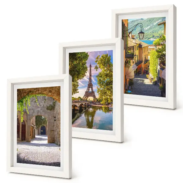 Conjunto de 3 quadros decorativos com temática de ruas belíssimas, arquitetura histórica e a Torre Eiffel