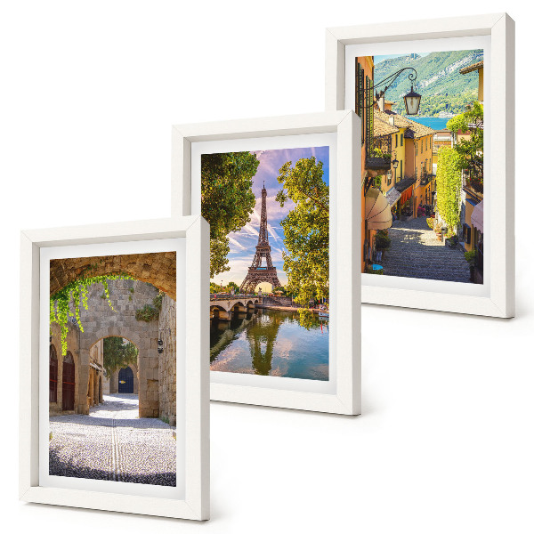 Conjunto de 3 quadros decorativos Ruas belíssimas, arquitetura histórica, Torre Eiffel