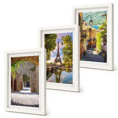 Conjunto de 3 quadros decorativos com temática de ruas belíssimas, arquitetura histórica e a Torre Eiffel