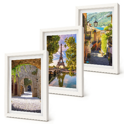 Conjunto de 3 quadros decorativos Ruas belíssimas, arquitetura histórica, Torre Eiffel