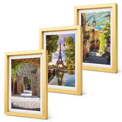 Conjunto de 3 quadros decorativos com temática de ruas belíssimas, arquitetura histórica e a Torre Eiffel