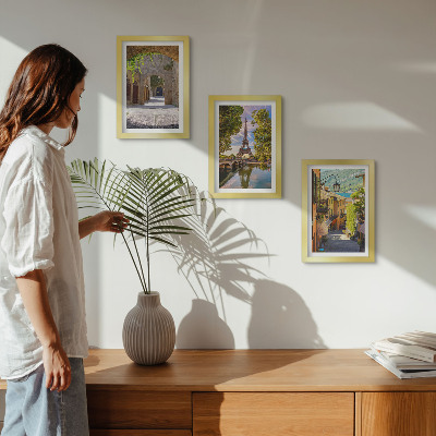 Conjunto de 3 quadros decorativos Ruas belíssimas, arquitetura histórica, Torre Eiffel