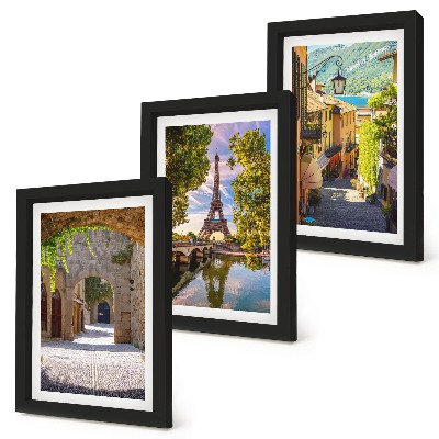 Conjunto de 3 quadros decorativos Ruas belíssimas, arquitetura histórica, Torre Eiffel