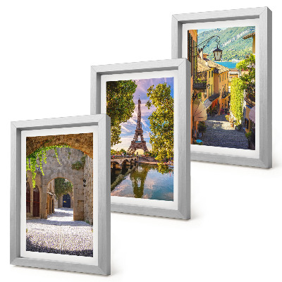 Conjunto de 3 quadros decorativos Ruas belíssimas, arquitetura histórica, Torre Eiffel