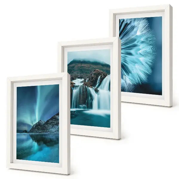 Conjunto de molduras com imagens de paisagens de inverno com cachoeiras e aurora boreal