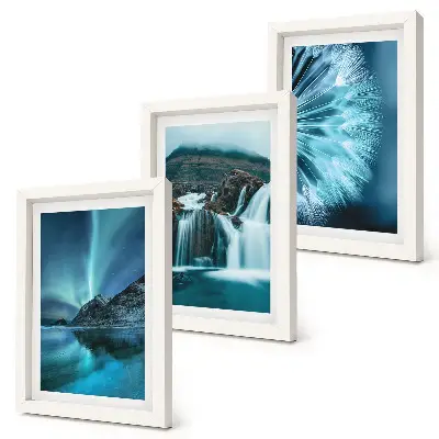 Conjunto de molduras com imagens de paisagens de inverno com cachoeiras e aurora boreal